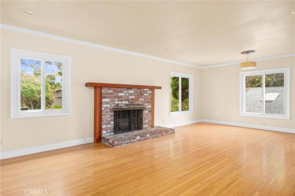 Empty room, Fireplace, Interior, Pendant Lights, Recessed Lighting, Wood Texture Flooring