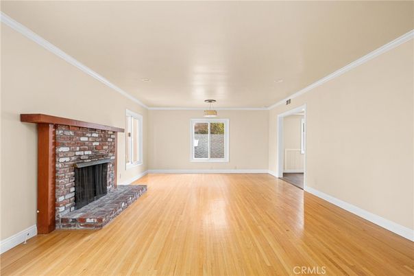 Empty room, Fireplace, Interior, Pendant Lights, Wood Texture Flooring