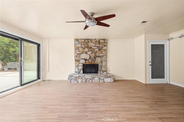 Empty room, Fireplace, Interior, Stone Walls, Wood Texture Flooring