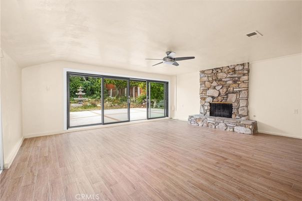 Empty room, Fireplace, Interior, Stone Walls, Wood Texture Flooring