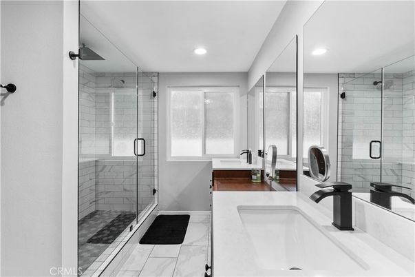 Bathroom, Dual Sink Vanities, Glass Shower, Interior, Marble, Recessed Lighting