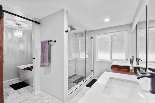 Bathroom, Dual Sink Vanities, Glass Shower, Interior, Marble, Recessed Lighting