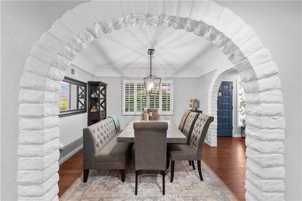 Dining room, Interior, Pendant Lights, Stone Walls, Wood Texture Flooring