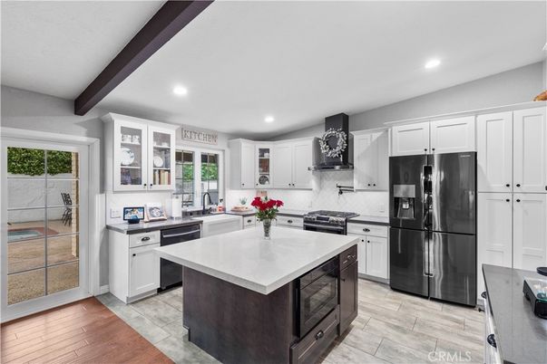 Interior, Kitchen, Recessed Lighting, Stainless Steel Appliances, Wooden Beams, Wood Texture Flooring