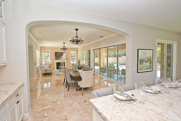 Chandelier, Dining room, Fireplace, Interior, Living room, Recessed Lighting