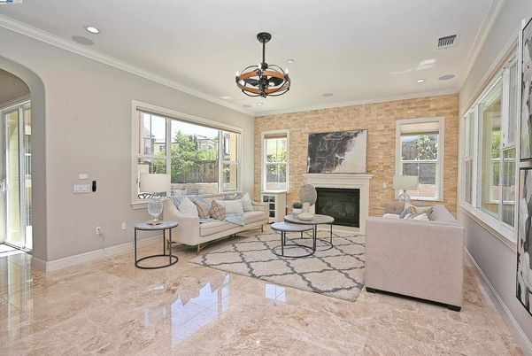 Chandelier, Fireplace, Interior, Living room, Recessed Lighting, Stone Walls