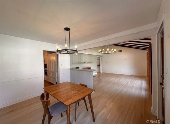 Chandelier, Dining room, Interior, Kitchen, Pendant Lights, Wooden Beams, Wood Texture Flooring