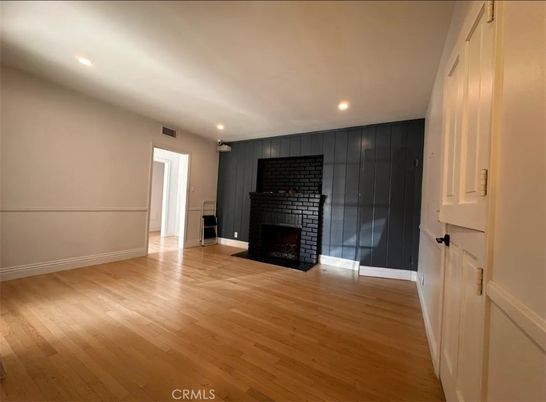 Empty room, Fireplace, Interior, Recessed Lighting, Wood Texture Flooring