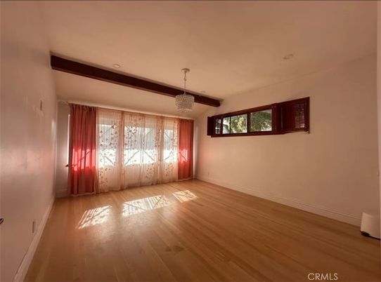 Chandelier, Empty room, Interior, Recessed Lighting, Wooden Beams, Wood Texture Flooring