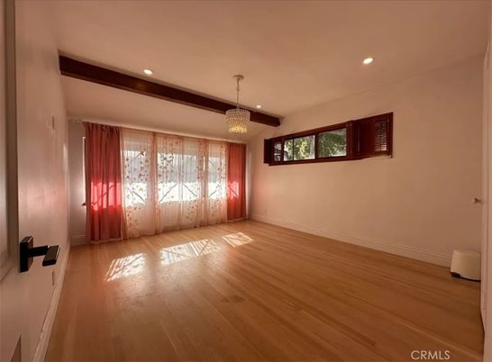 Chandelier, Empty room, Interior, Recessed Lighting, Wooden Beams, Wood Texture Flooring