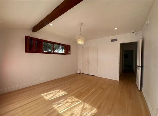 Chandelier, Empty room, Interior, Recessed Lighting, Wooden Beams, Wood Texture Flooring