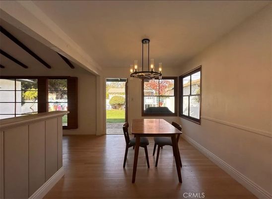 Dining room, Interior, Pendant Lights, Wooden Beams, Wood Texture Flooring