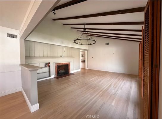 Chandelier, Empty room, Fireplace, Interior, Pendant Lights, Wooden Beams, Wood Texture Flooring