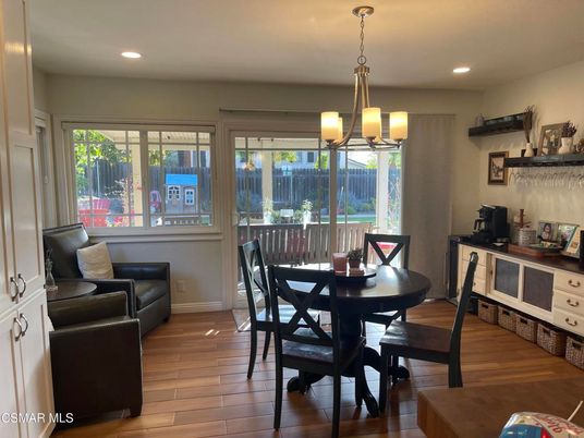 Dining room, Interior, Pendant Lights, Recessed Lighting, Wood Texture Flooring
