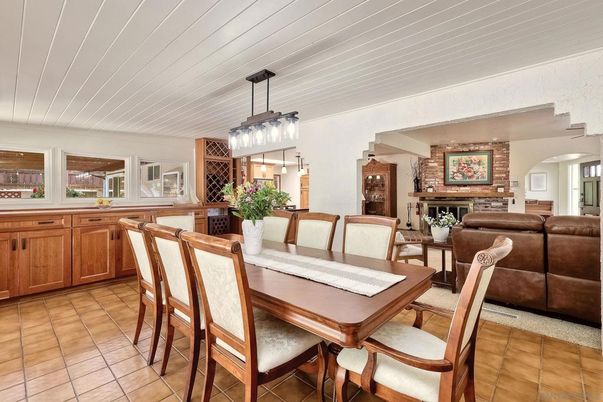 Dining room, Fireplace, Interior, Living room, Pendant Lights