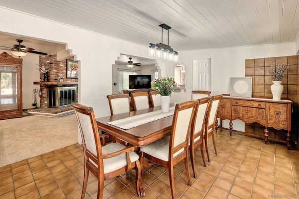 Dining room, Fireplace, Interior, Pendant Lights