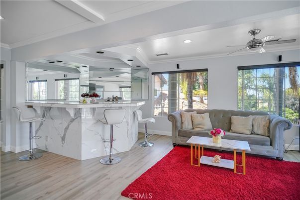 Interior, Living room, Marble Walls, Recessed Lighting, Wood Texture Flooring