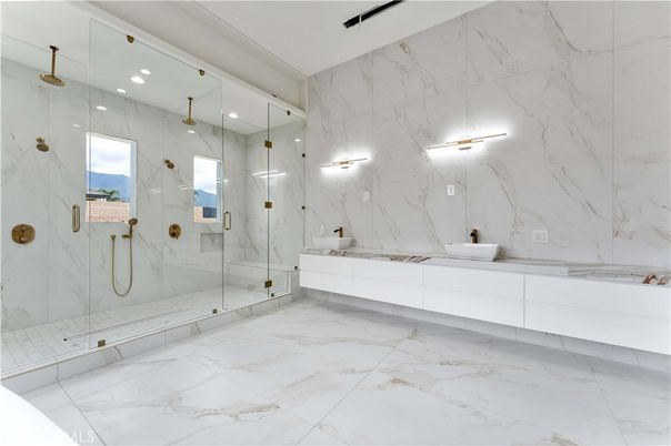 Bathroom, Glass Shower, Interior, Marble, Marble Walls, Recessed Lighting