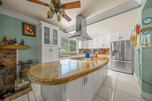 Fireplace, Interior, Kitchen, Recessed Lighting, Stainless Steel Appliances