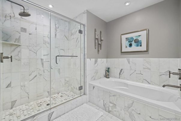 Bathroom, Glass Shower, Interior, Marble Walls, Recessed Lighting