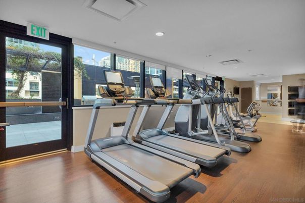 Fitness Equipment, Gym, Interior, Recessed Lighting, Wood Texture Flooring