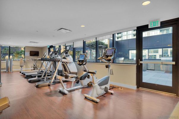 Fitness Equipment, Gym, Interior, Recessed Lighting, Wood Texture Flooring