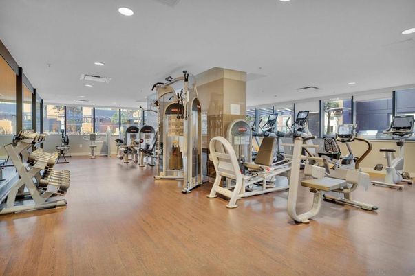 Fitness Equipment, Gym, Interior, Recessed Lighting, Wood Texture Flooring