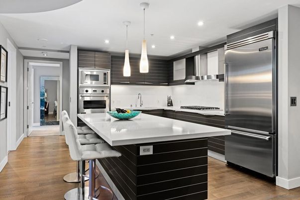 Interior, Kitchen, Pendant Lights, Recessed Lighting, Stainless Steel Appliances, Wood Texture Flooring