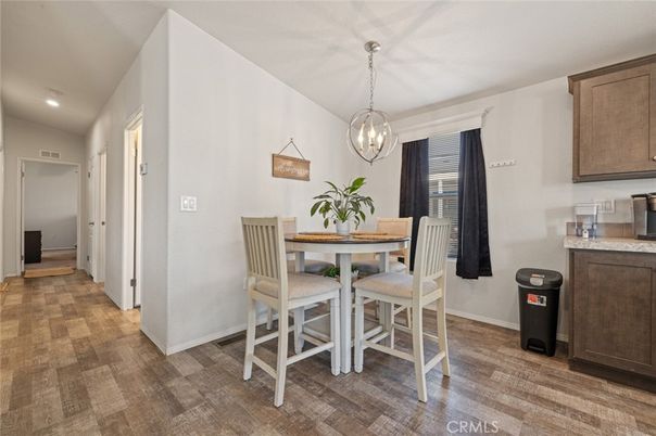 Dining room, Interior, Pendant Lights, Recessed Lighting, Wood Texture Flooring