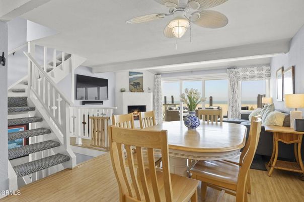 Dining room, Fireplace, Interior, Water, Wood Texture Flooring