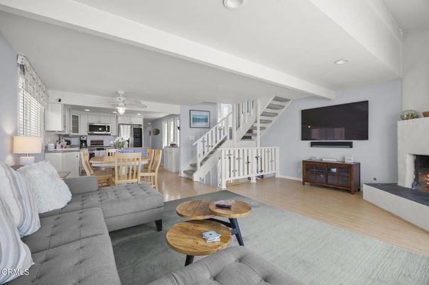 Dining room, Fireplace, Interior, Kitchen, Living room, Recessed Lighting, Wood Texture Flooring