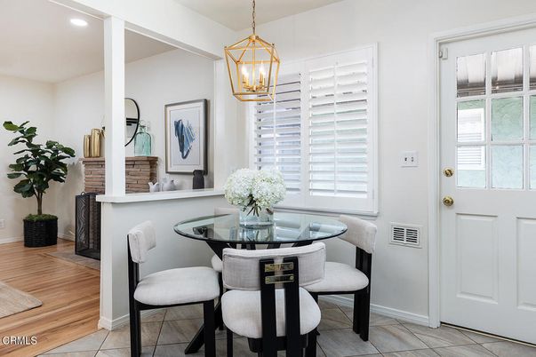 Dining room, Interior, Pendant Lights, Recessed Lighting, Wood Texture Flooring