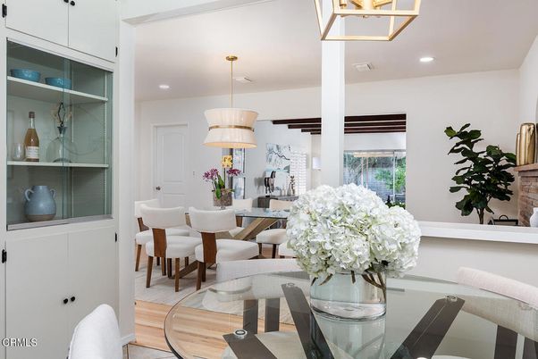 Dining room, Interior, Pendant Lights, Recessed Lighting, Wood Texture Flooring