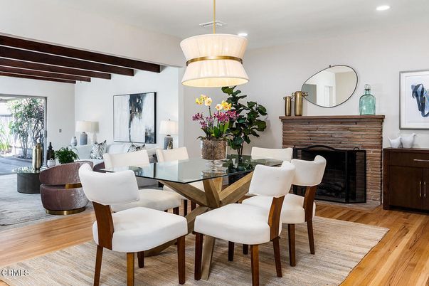 Dining room, Fireplace, Interior, Recessed Lighting, Wooden Beams, Wood Texture Flooring