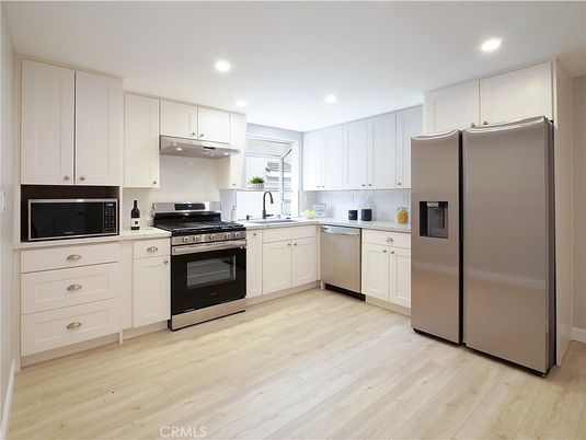 Interior, Kitchen, Recessed Lighting, Stainless Steel Appliances, Wood Texture Flooring