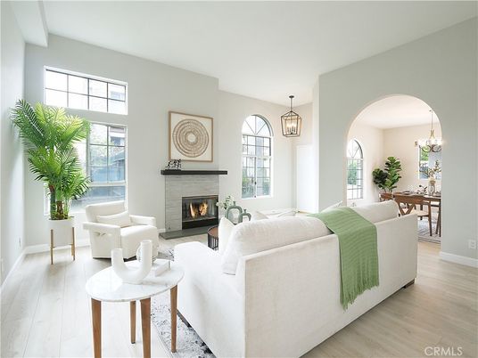 Dining room, Fireplace, Interior, Living room, Pendant Lights, Wood Texture Flooring