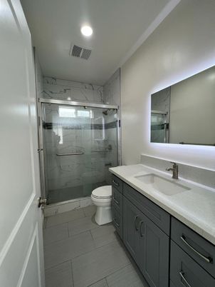 Bathroom, Glass Shower, Interior, Marble Walls, Recessed Lighting
