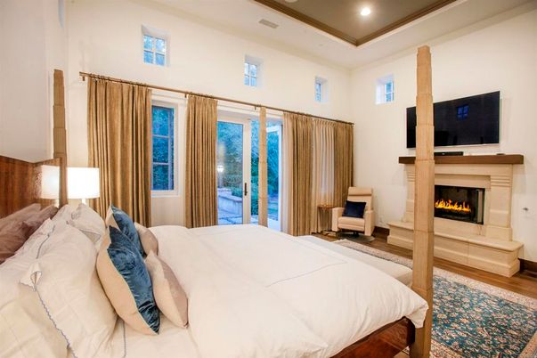 Bedroom, Fireplace, Interior, Recessed Lighting, Wood Texture Flooring
