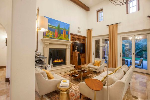Fireplace, Interior, Living room, Recessed Lighting, Wooden Beams