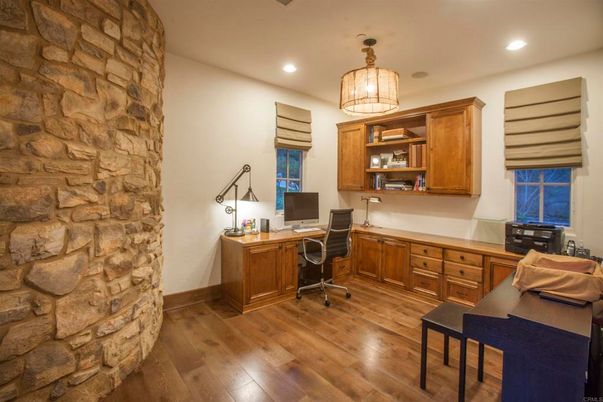 Home Office, Interior, Pendant Lights, Recessed Lighting, Stone Walls, Wood Texture Flooring