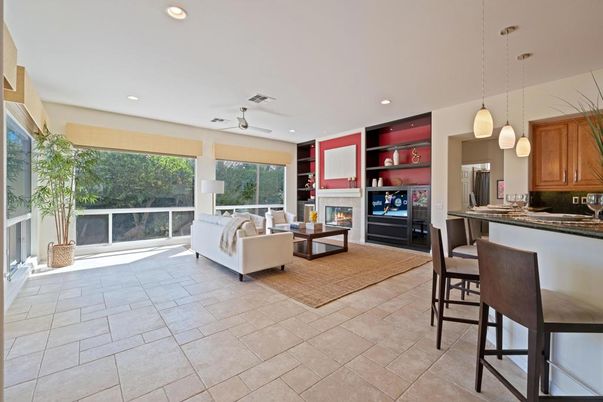Fireplace, Interior, Kitchen, Living room, Pendant Lights, Recessed Lighting