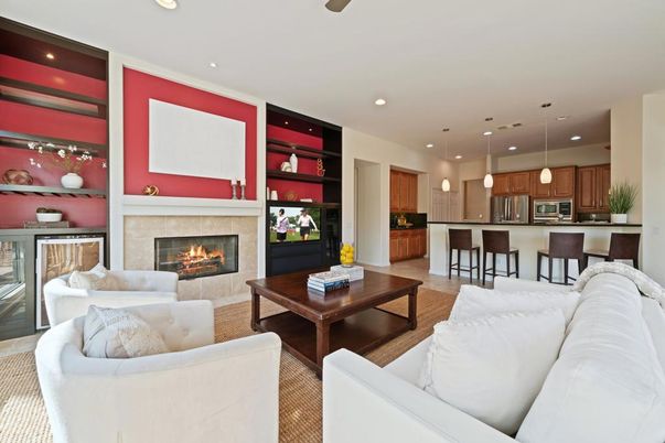 Fireplace, Interior, Kitchen, Living room, Pendant Lights, Recessed Lighting, Stainless Steel Appliances