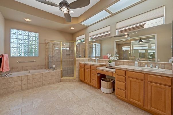 Bathroom, Dual Sink Vanities, Glass Shower, Interior, Recessed Lighting, Tile Countertops