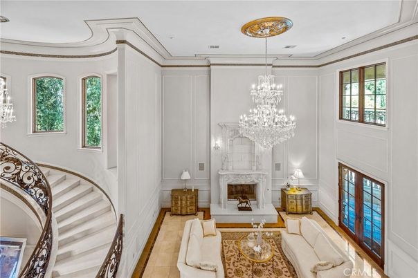 Chandelier, Fireplace, Interior