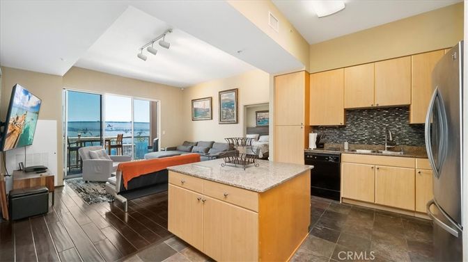 Dining room, Interior, Kitchen, Living room, Stainless Steel Appliances, Water, Wood Texture Flooring