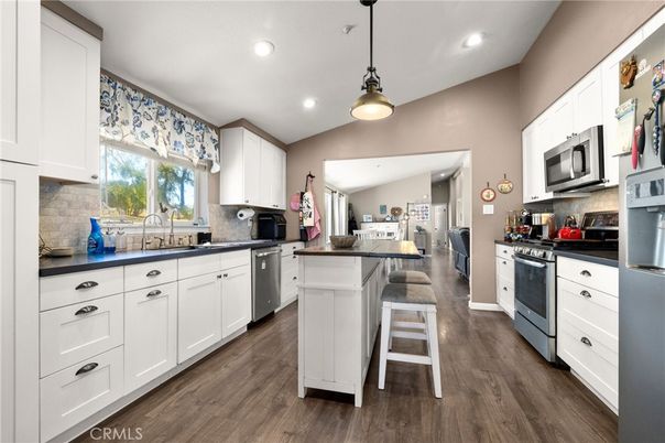 Interior, Kitchen, Pendant Lights, Recessed Lighting, Stainless Steel Appliances, Wood Texture Flooring