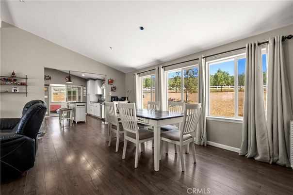 Dining room, Interior, Kitchen, Pendant Lights, Recessed Lighting, Wood Texture Flooring