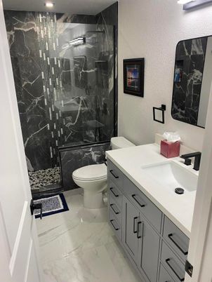 Bathroom, Glass Shower, Interior, Marble, Marble Walls, Recessed Lighting