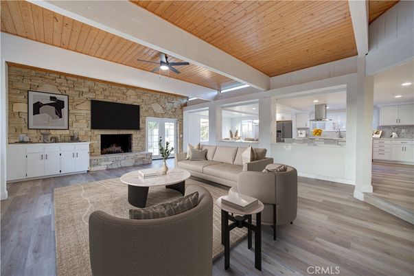 Fireplace, Interior, Kitchen, Living room, Recessed Lighting, Stone Walls, Wooden Beams, Wooden Ceilings, Wood Texture Flooring