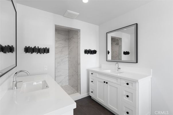 Bathroom, Dual Sink Vanities, Interior, Marble Walls, Recessed Lighting